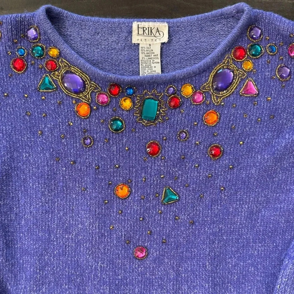 Vintage Erika Petite Knit Sweater Purple Gemstone Beaded Mardi Gras Party Small - Picture 2 of 7